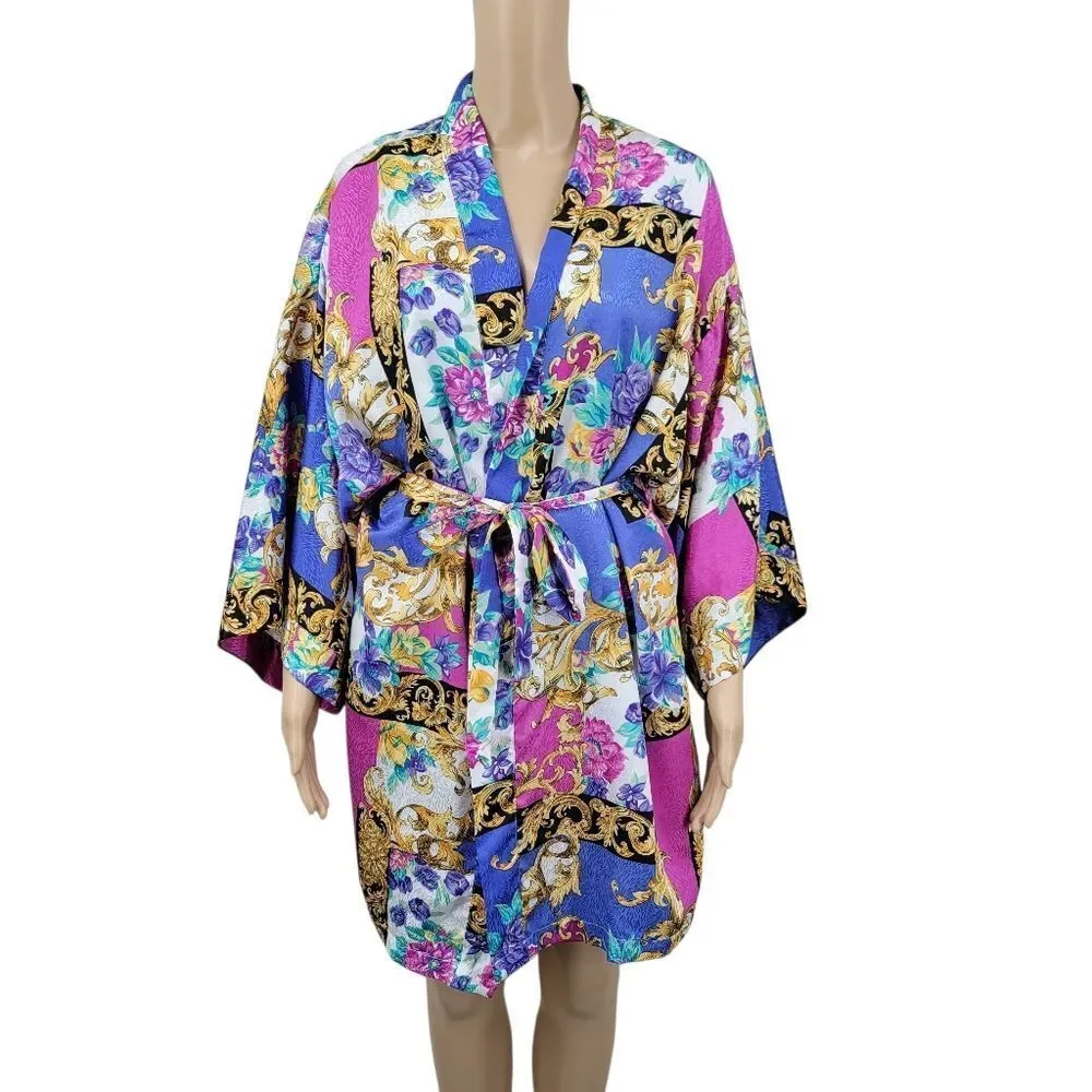 Vintage Satin Floral and Baroque Print Chemsie Slip Dress and Matching Robe Set